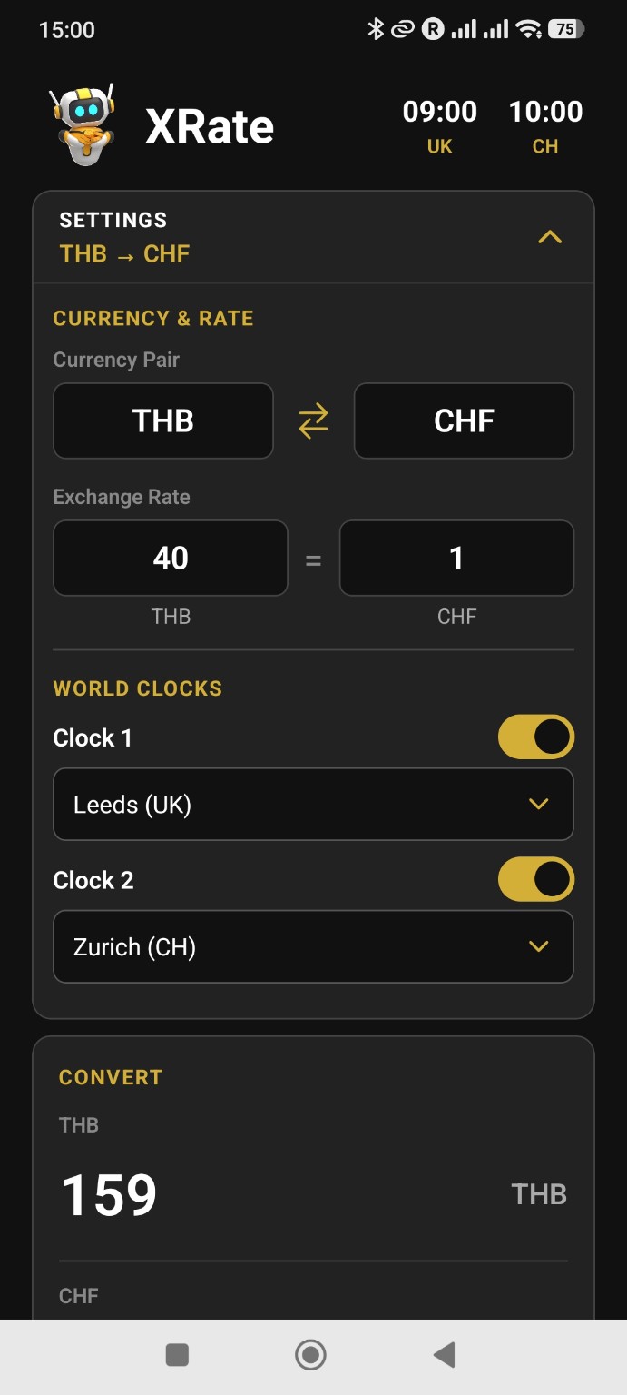 XRate currency and world clock settings